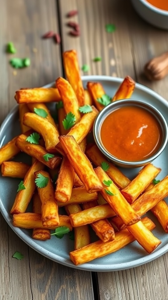 Crispy golden yuca fries served with a dipping sauce on a rustic wooden table.